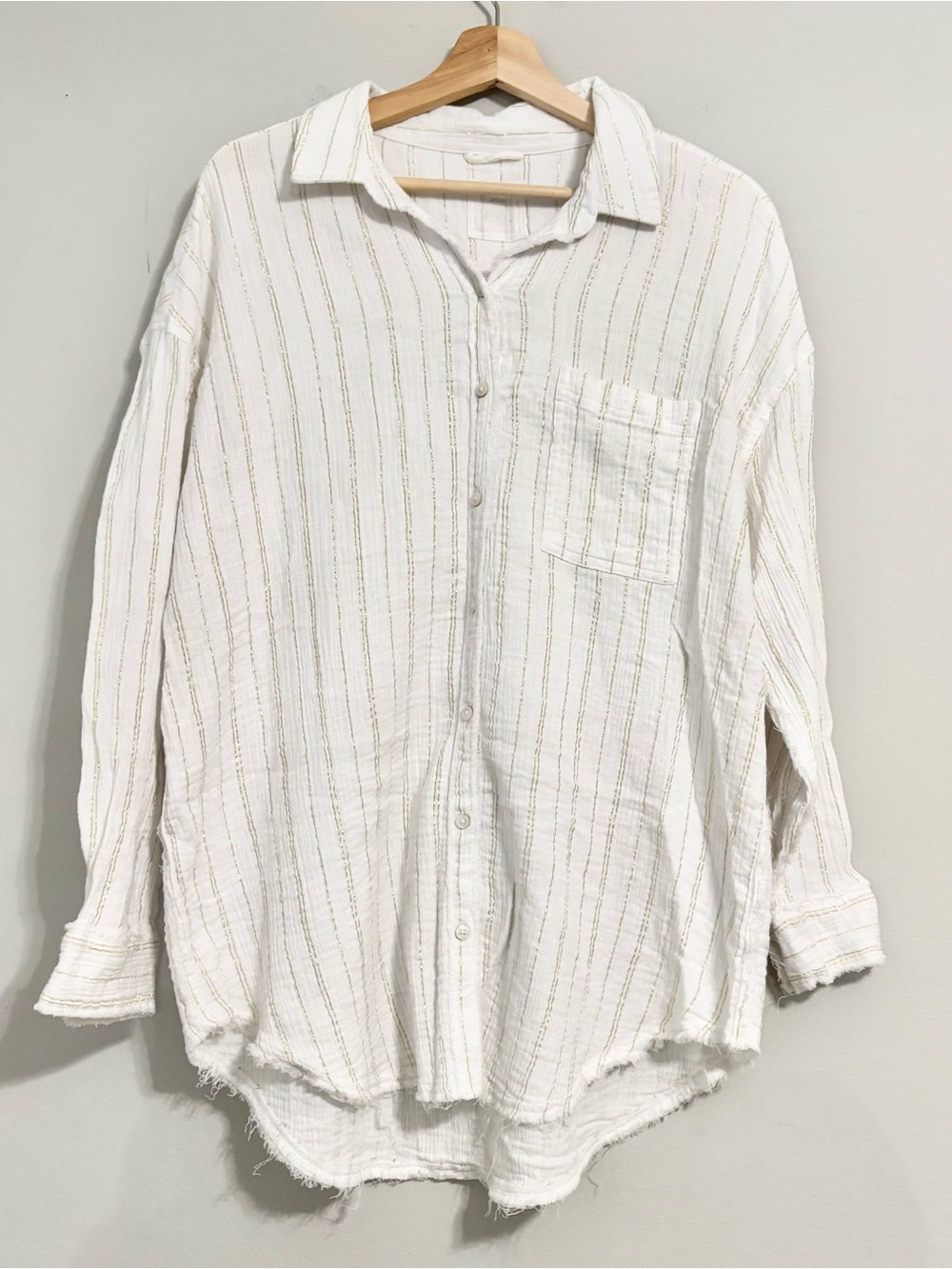Aerie White and Gold Shimmer Button Up Oversized Collared Blouse